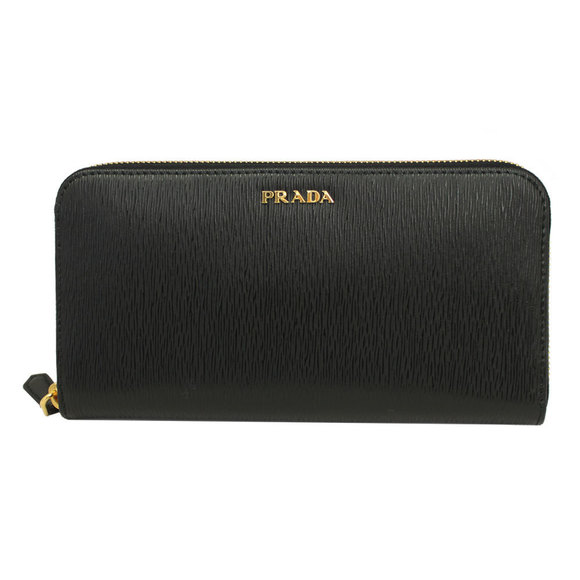 Prada Wallet Leather LACCA Zip Black BI Nero VITTELLO Long MOVE - Picture 1 of 4